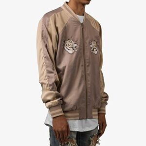 RARE Dope Men's Embroidered Tiger Satin Bomber Jacket Beige Casual Urban